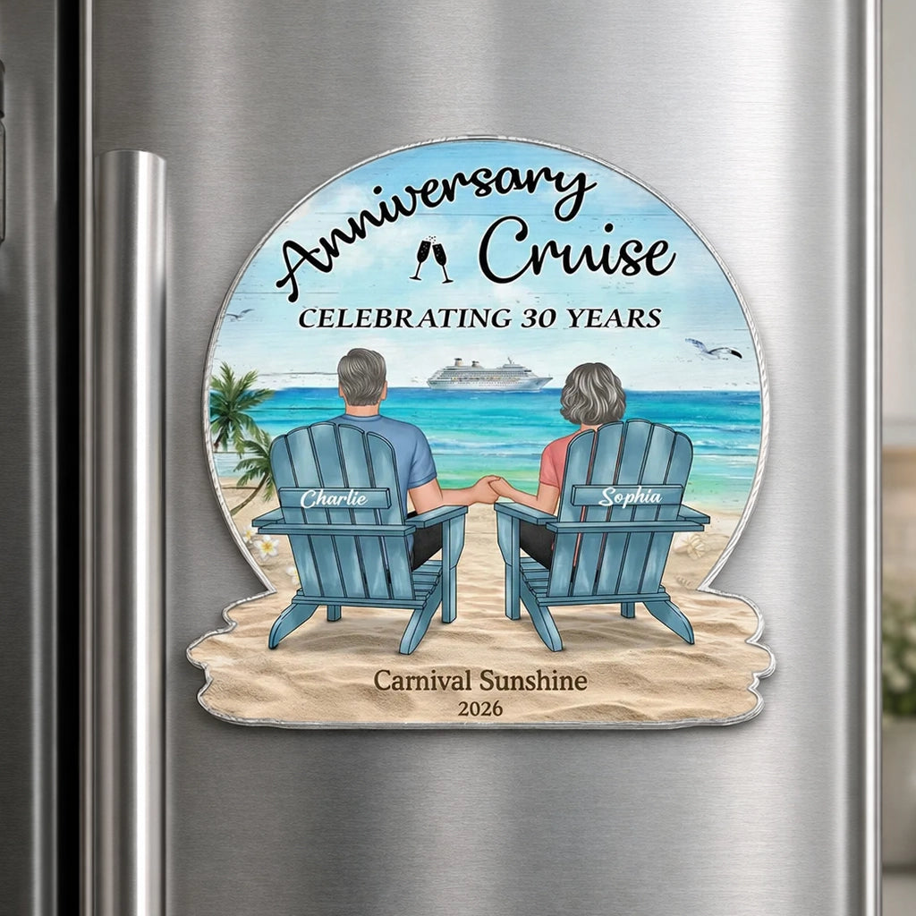 Personalized Anniversary Cruise Acrylic Magnet, Couple Holding Hands Beach Back View, Unique Gift for Husband & Wife