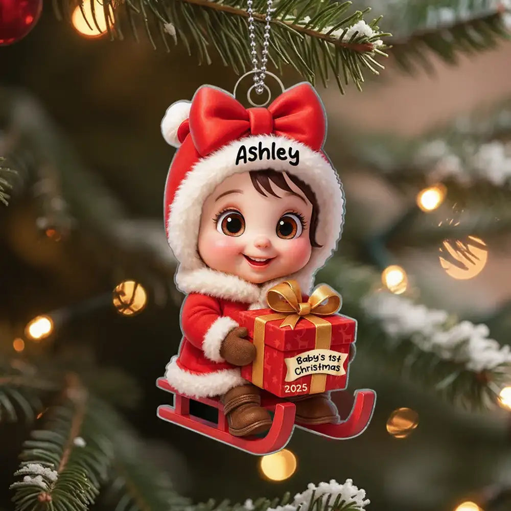 Acrylic Ornament with Baby in Santa Outfit on Sleigh, High Clarity, Heartwarming Christmas Gift