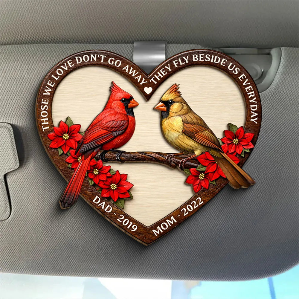 Personalized 2-Layer Wooden Car Visor Clip with Memorial Cardinal in Heart Frame, Unique Sympathy Gift for Loved One