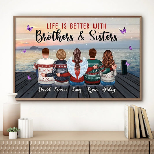 Personalized Brothers & Sisters Sunset Dock Poster, Sitting Siblings Wall Art, Unique Gift for Family