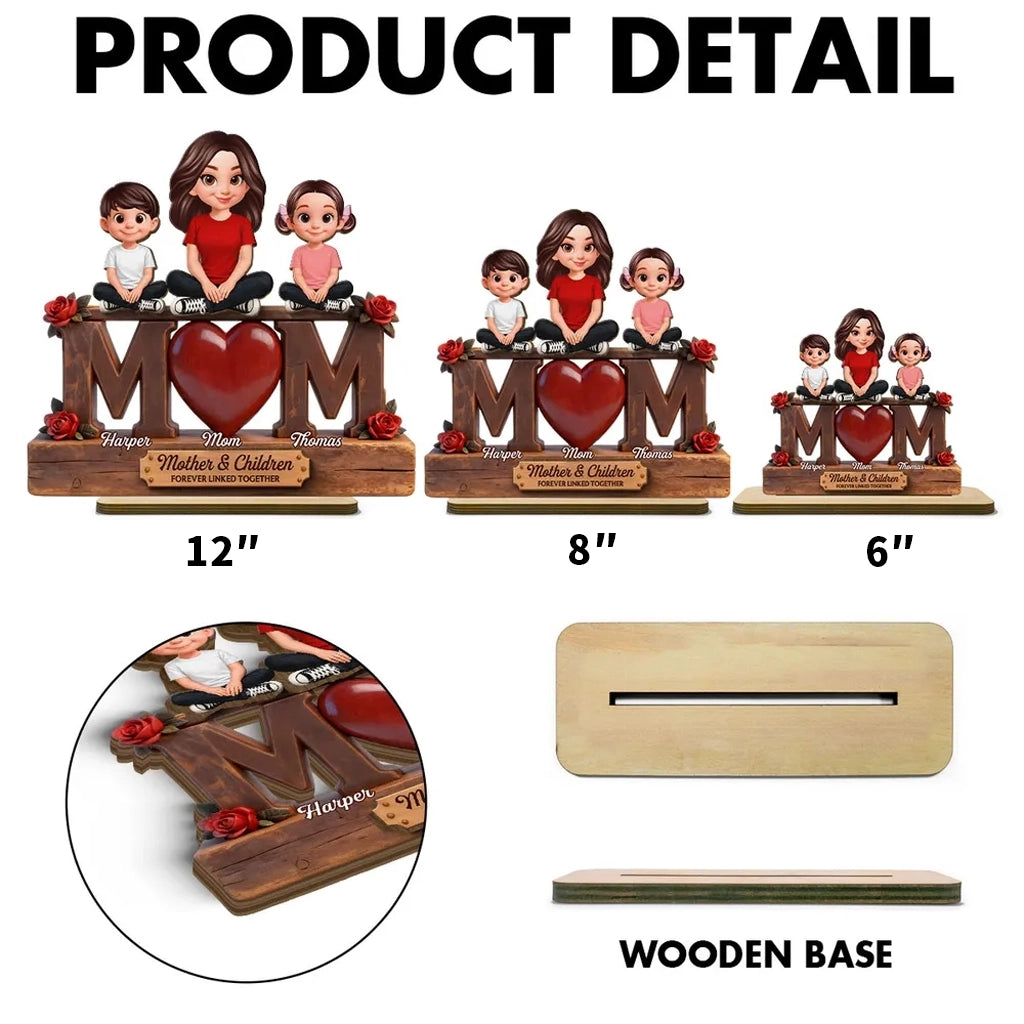 Personalized 2-Layer Wooden Plaque MOM Heart With Sitting Mother and Daughters Roses - Unique Gift for Mom