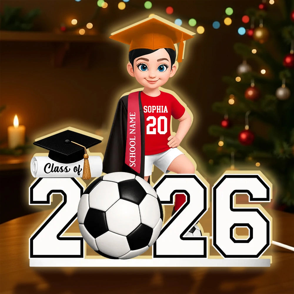 Custom Class Acrylic Light Box with Graduation Cap and Soccer Theme, Warm Atmosphere Lamp for Bedroom or Bookshelf, Memorable Gift