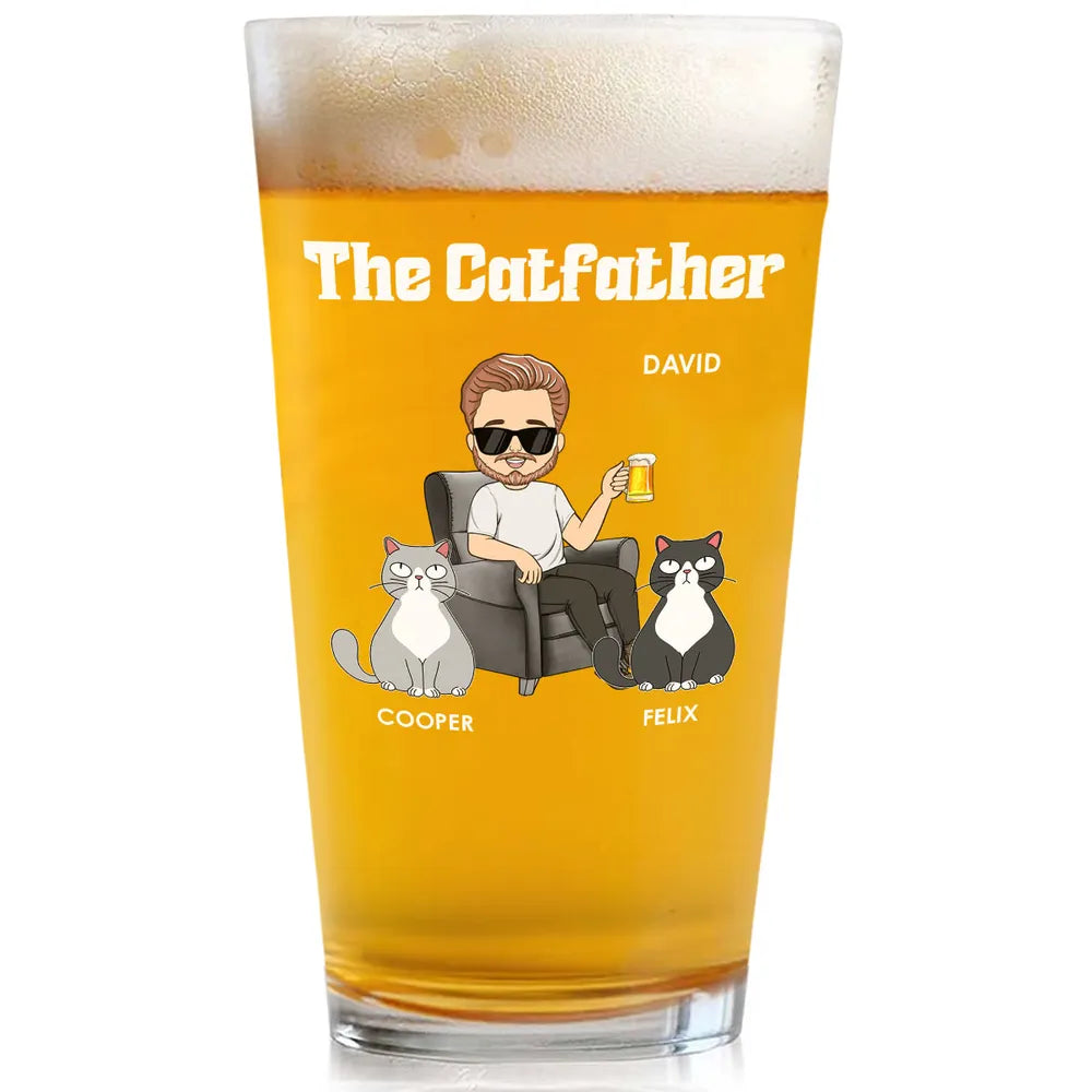 Personalized Beer Glass for Cat Dad – The Catfather Design with Cute Cats – Father's Day Gift for Pet Lovers