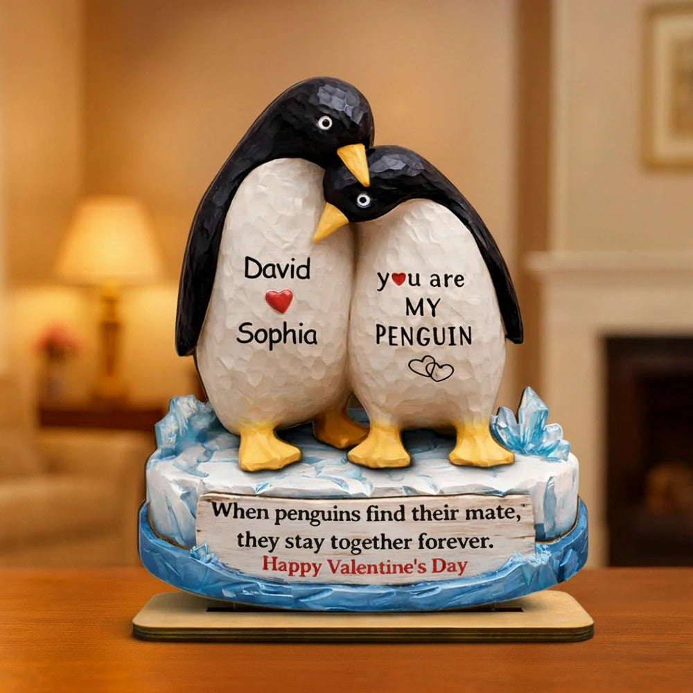Personalized 2-Layer Wooden Plaque Penguin Couple Hugging for Valentine's Day, a Unique Romantic Gift for Him or Her