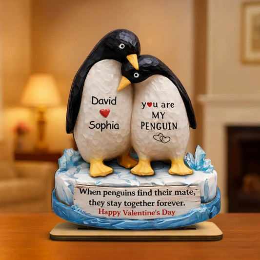 Personalized 2-Layer Wooden Plaque Penguin Couple Hugging for Valentine's Day, a Unique Romantic Gift for Him or Her