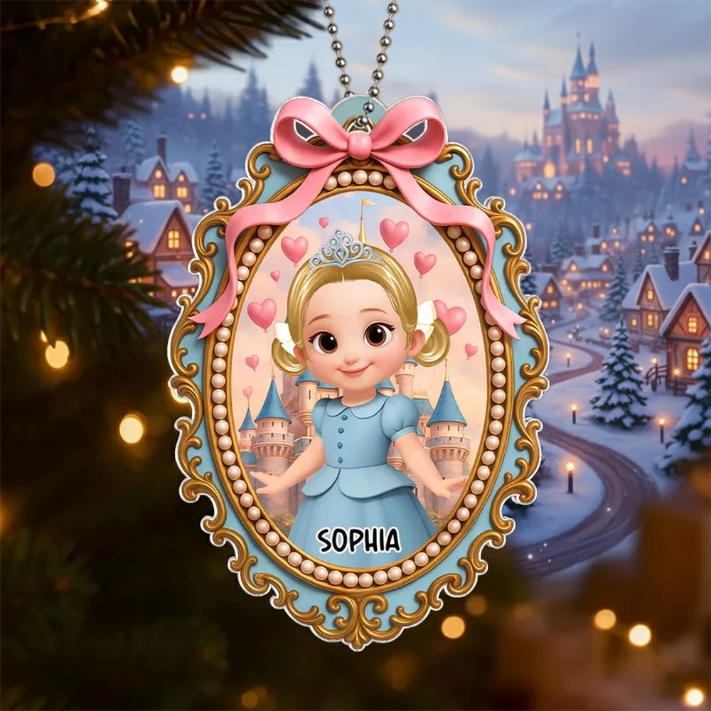 Acrylic Ornament with Princess Portrait and Pink Bow Frame, clear print and elegant detail, perfect gift for Kids or Christmas Décor