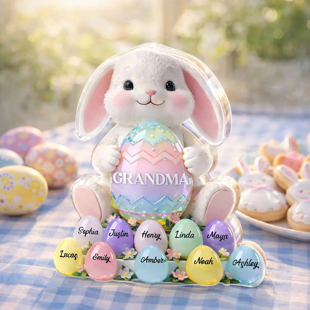 Personalized Shaped Acrylic Block Plaque Cute Bunny Holding Easter Egg for Grandma Spring Shelf Decor Unique Gift