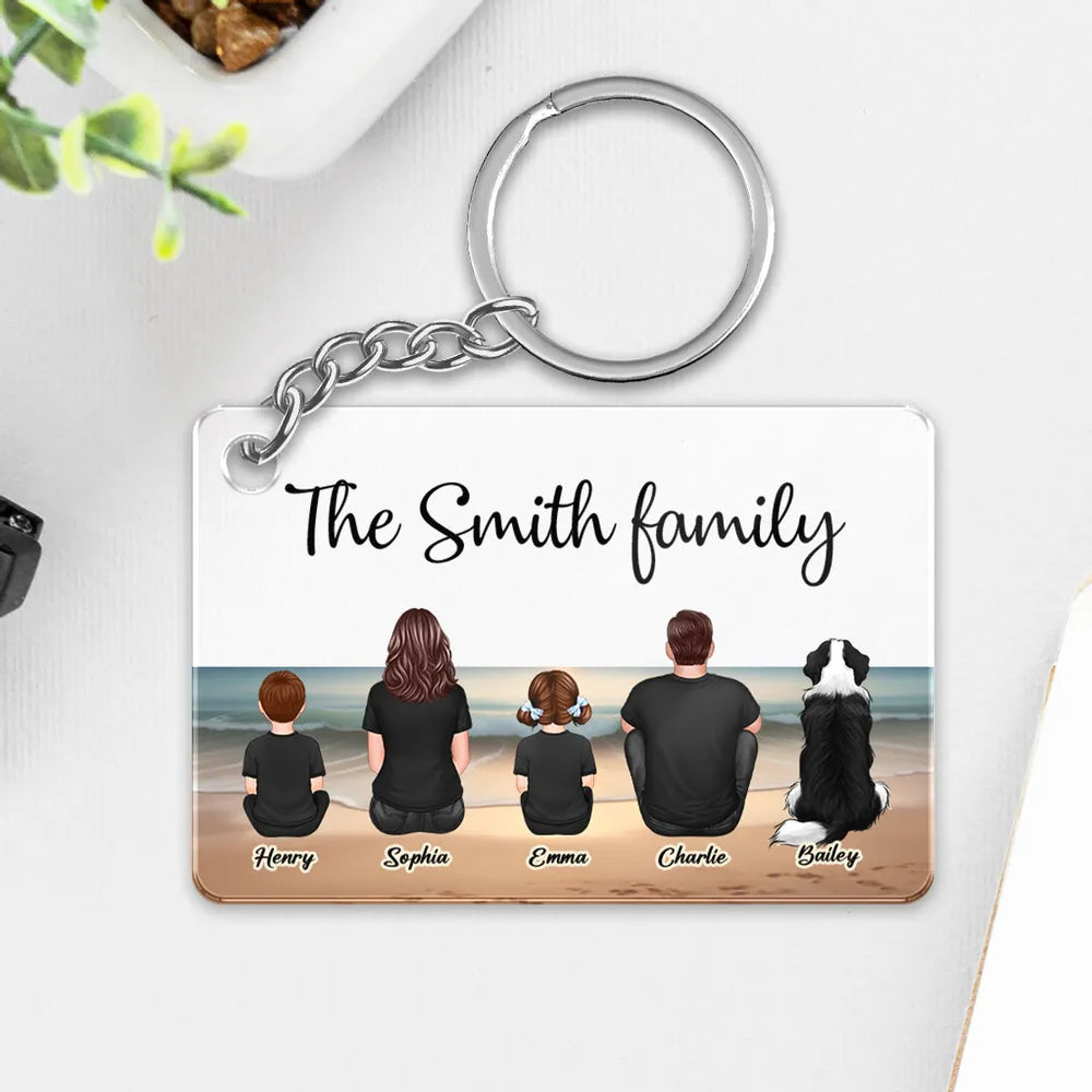 Beach Landscape Family Sitting Back View - Personalized Keychain or Poster or Plaque or Car Hanger or Pillow or Wallet card- Ideal Gift for Loved Ones