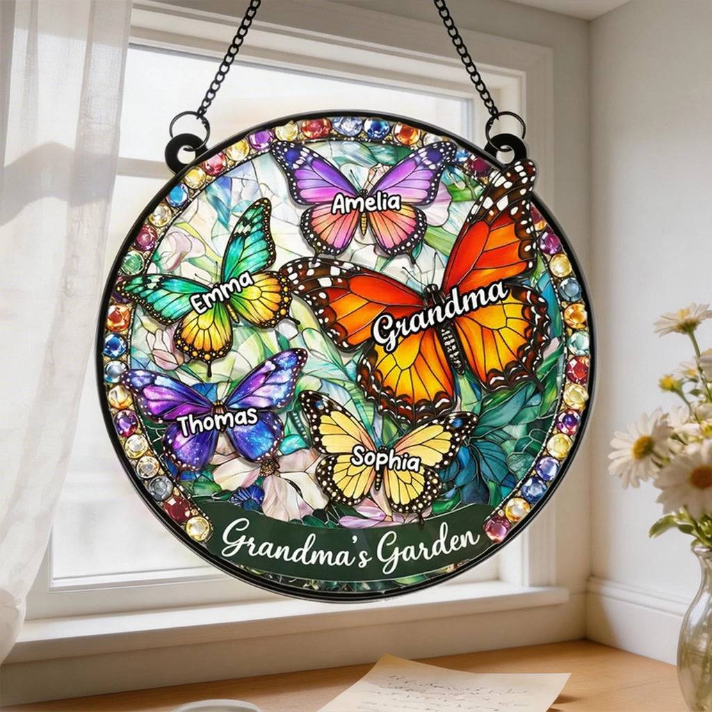 Personalized Butterfly Acrylic Suncatcher Ornament for Grandma's Window, Stained Glass Style Sunlight Reflection, Unique Gift
