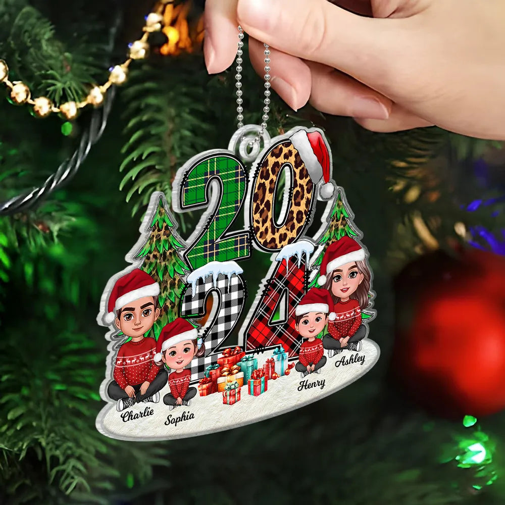 Christmas Family Sitting 2024 Stacked Pattern Personalized Ornament or Keychain or Plaque or Poster