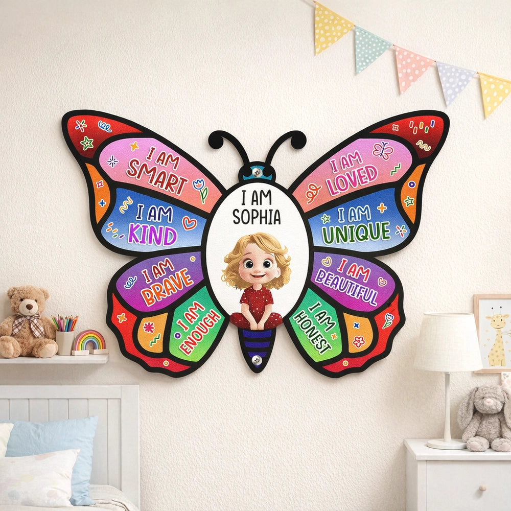 Shaped Metal Sign Personalized I Am Affirmations Butterfly with Cute Girl Illustration, Bright Wall Decor, Thoughtful Gift