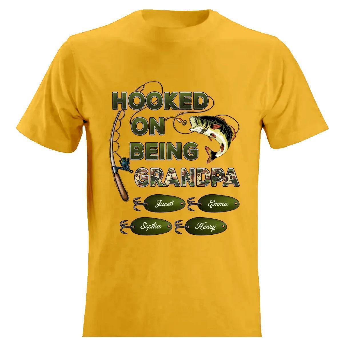 "Personalized Grandpa Fishing T-Shirt/Hoodie - Hooked on Being Grandpa - Ideal Father's Day or Birthday Gift"