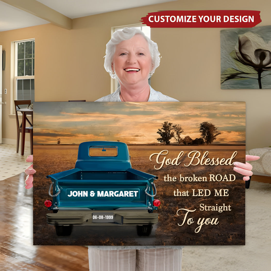 Vintage Truck Poster - 'God Blessed the Broken Road' Forest Art, Personalized Gift for Couples, Wedding or Anniversary