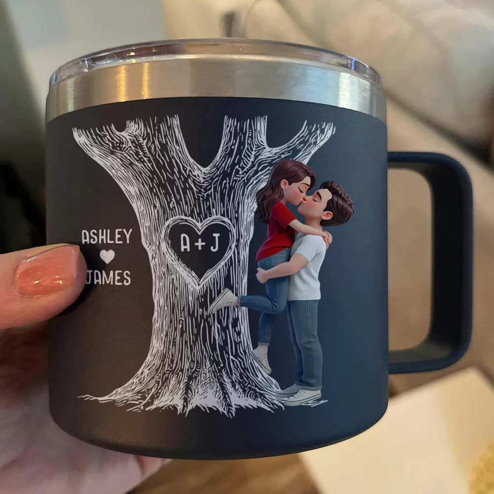 Personalized Stainless Steel Coffee Mug with Kissing Couple & Heart Initials Tree, Unique Romantic Gift for Him or Her