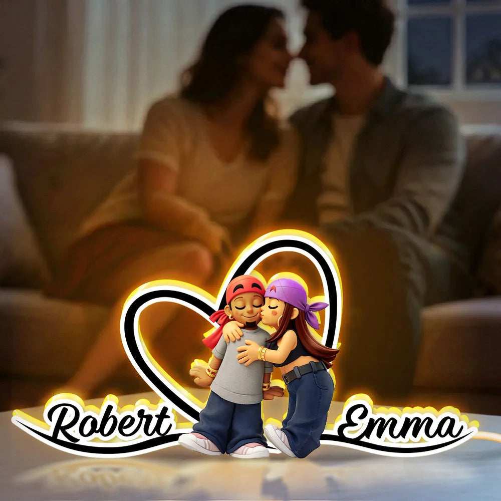 Personalized Acrylic Light Box Y2K Cartoon Couple Kissing Nightstand Decor, Warm Glow Unique Gift for Him or Her