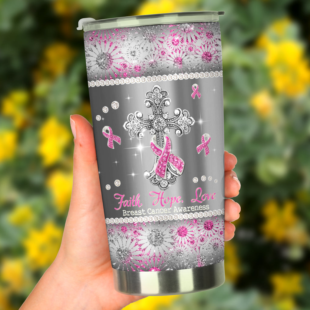 Faith Hope Love - Breast Cancer Awareness Tumbler With Faux Glitter Print 0622