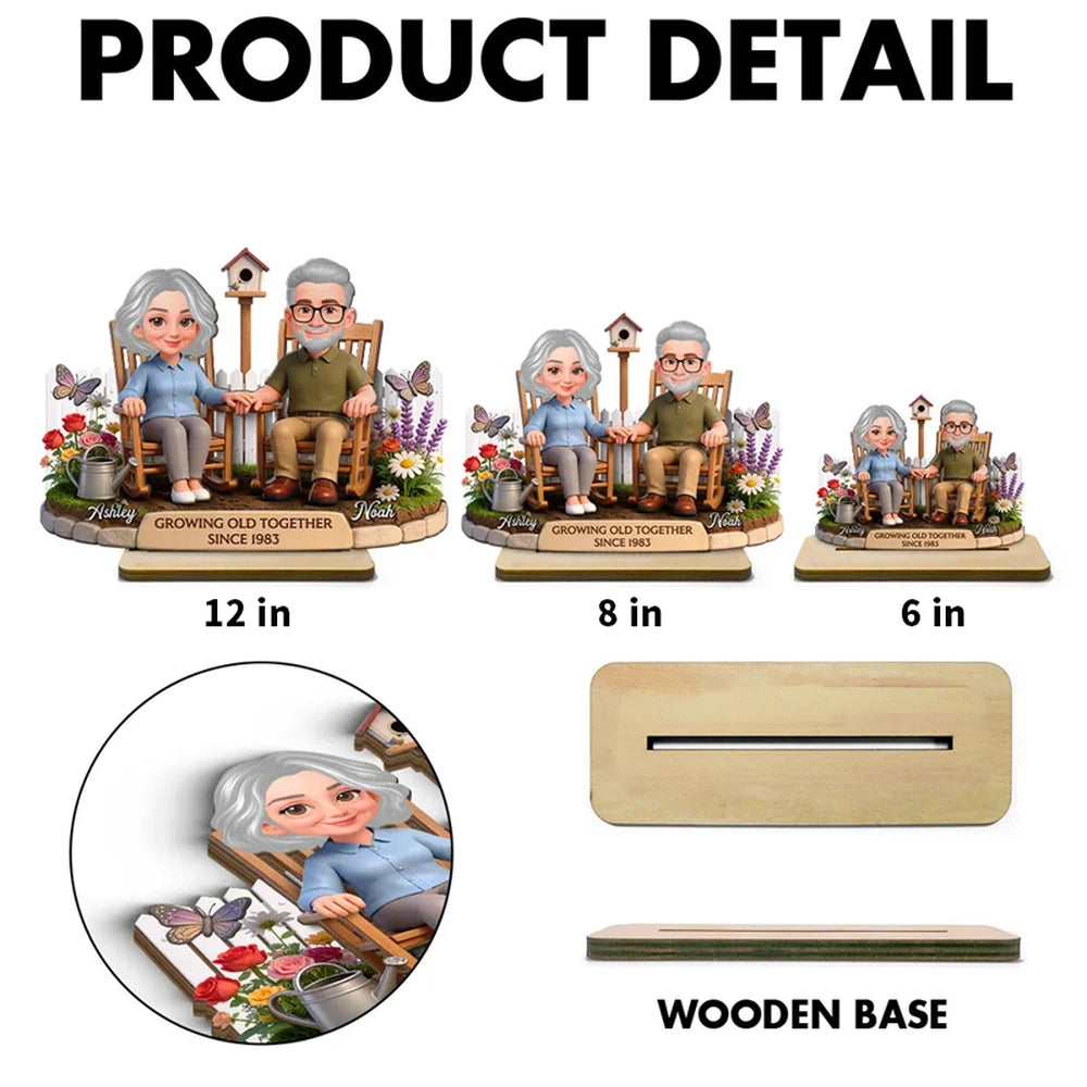 Personalized 2-Layer Wooden Plaque with Couple in Garden Rocking Chairs, Growing Old Together Unique Gift for Husband or Wife