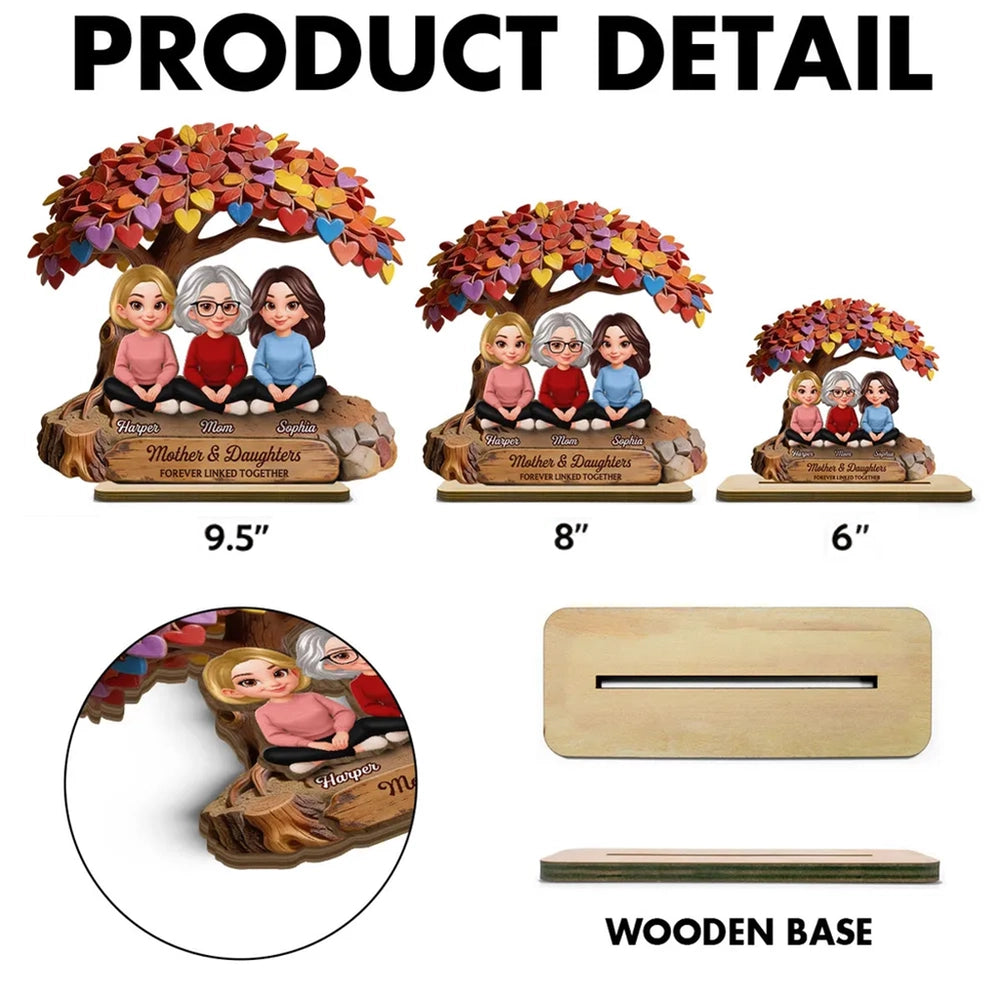 Personalized 2-Layer Wooden Plaque with Mom and Daughters Under Colorful Heart Tree - Unique Gift for Mom, Sweet Family Keepsake