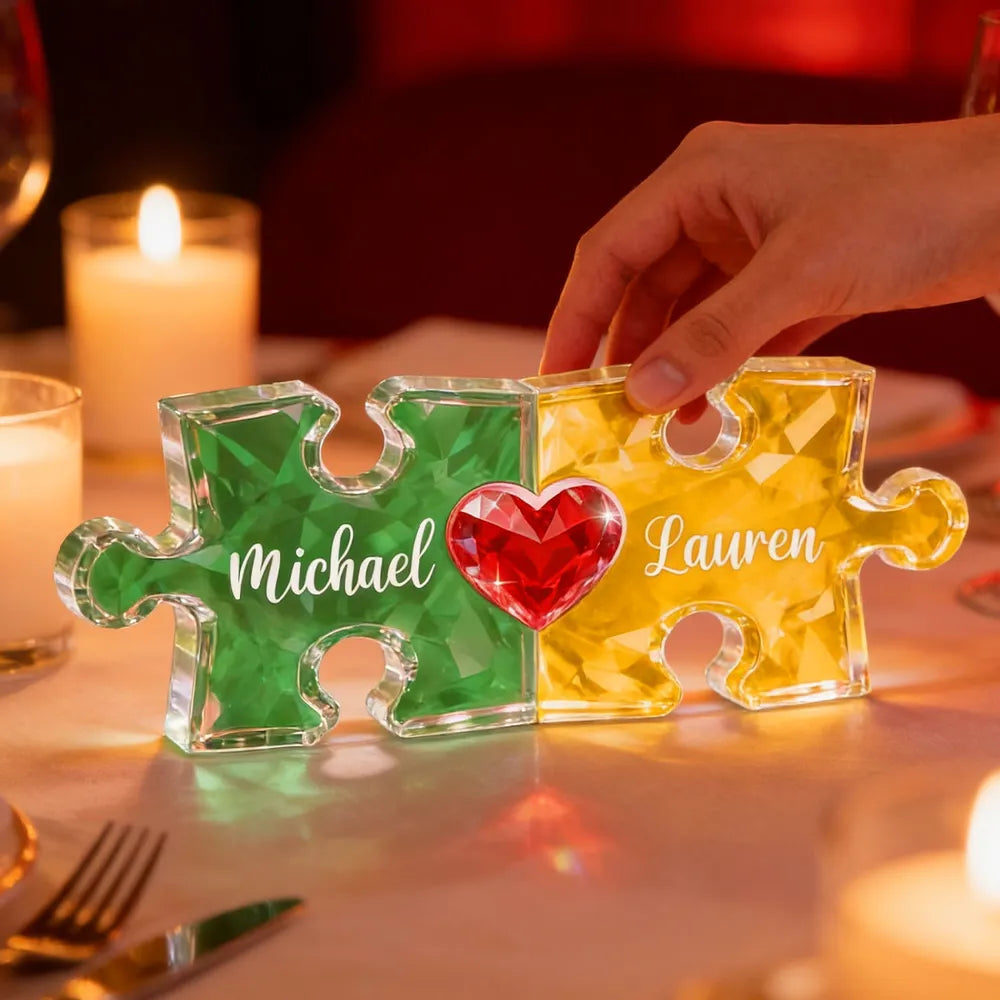 Personalized Puzzle Couple Shaped Acrylic Block Plaque - Heart Keepsake Shelf Decor, Unique Gift for Him or Her