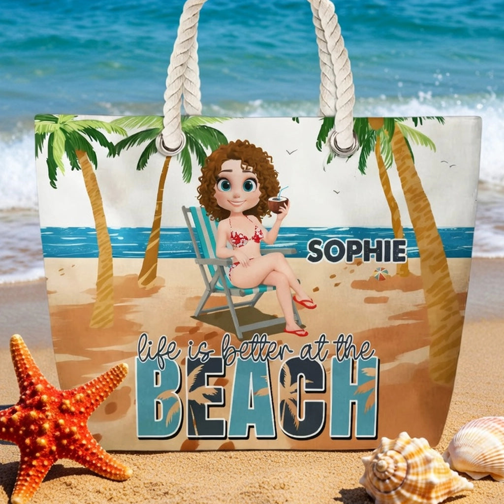Personalized Rope Handle Canvas Bag, Life Is Better at the Beach Tropical Lounge Scene, Unique Custom Gift
