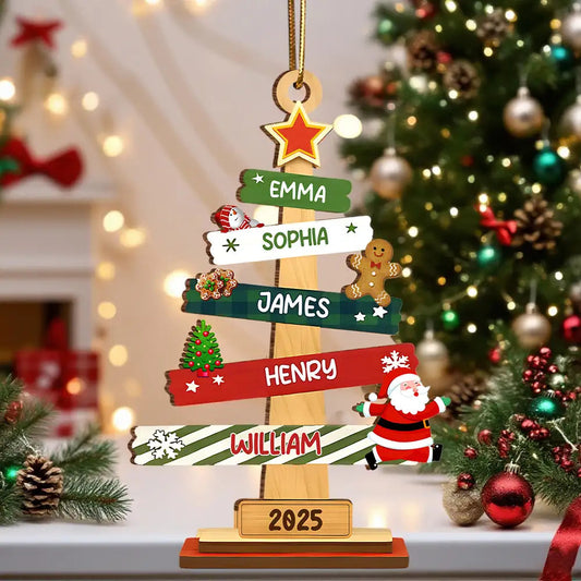 Wooden Christmas Tree Ornament with Custom Family Names, Personalized Holiday Gift