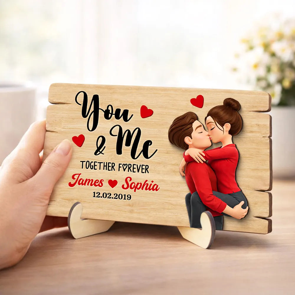Personalized You & Me 2-Layer Wooden Plaque for Couple, Kissing Hug Design, Sweet Heart Gift for Him or Her