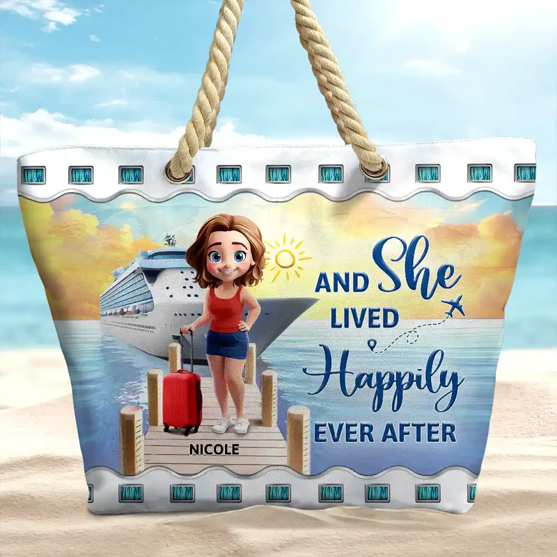 Personalized Rope Handle Canvas Bag Cruise Girl Beach Scene, Cute Cartoon Travel Gift for Cruise Lovers