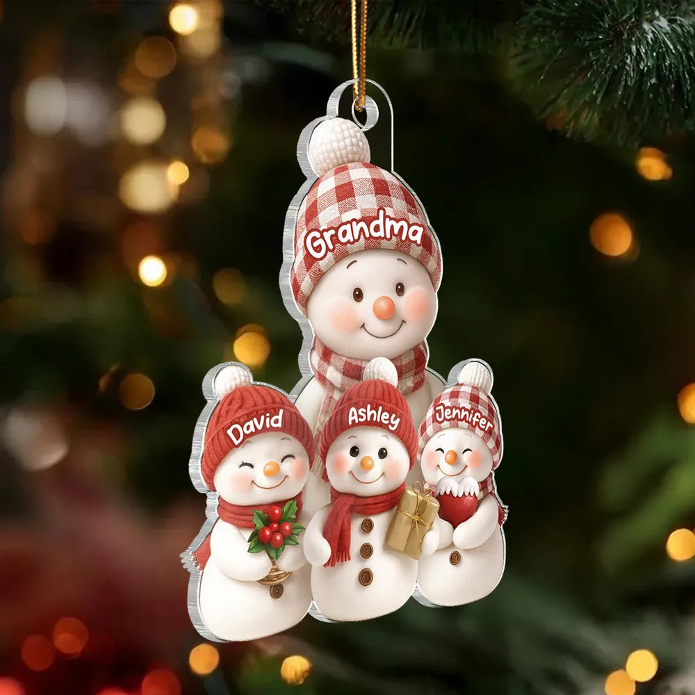 Christmas Acrylic Ornament for Grandma – Cozy Snowman Family, gift-ready keepsake for holiday tree décor, customizable and heartwarming