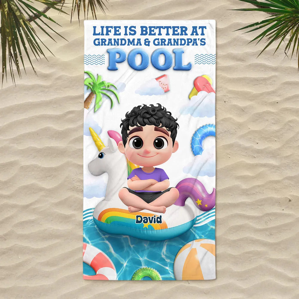 Custom Beach Towel for Grandchildren – 'Life Is Better at Grandma & Grandpa’s Pool', Fun Summer Gift