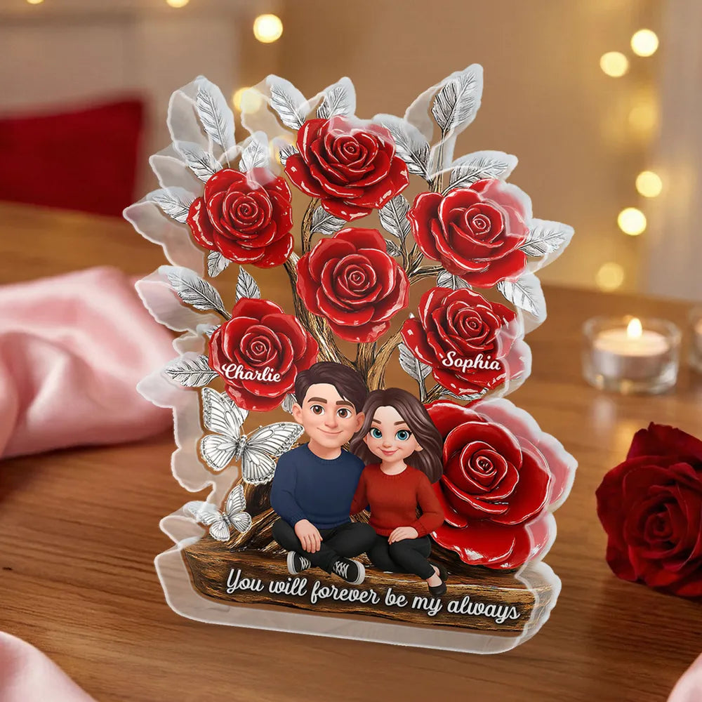 Personalized Shaped Acrylic Block Plaque with Red Rose Tree Couple Sitting Together, Unique Romantic Gift