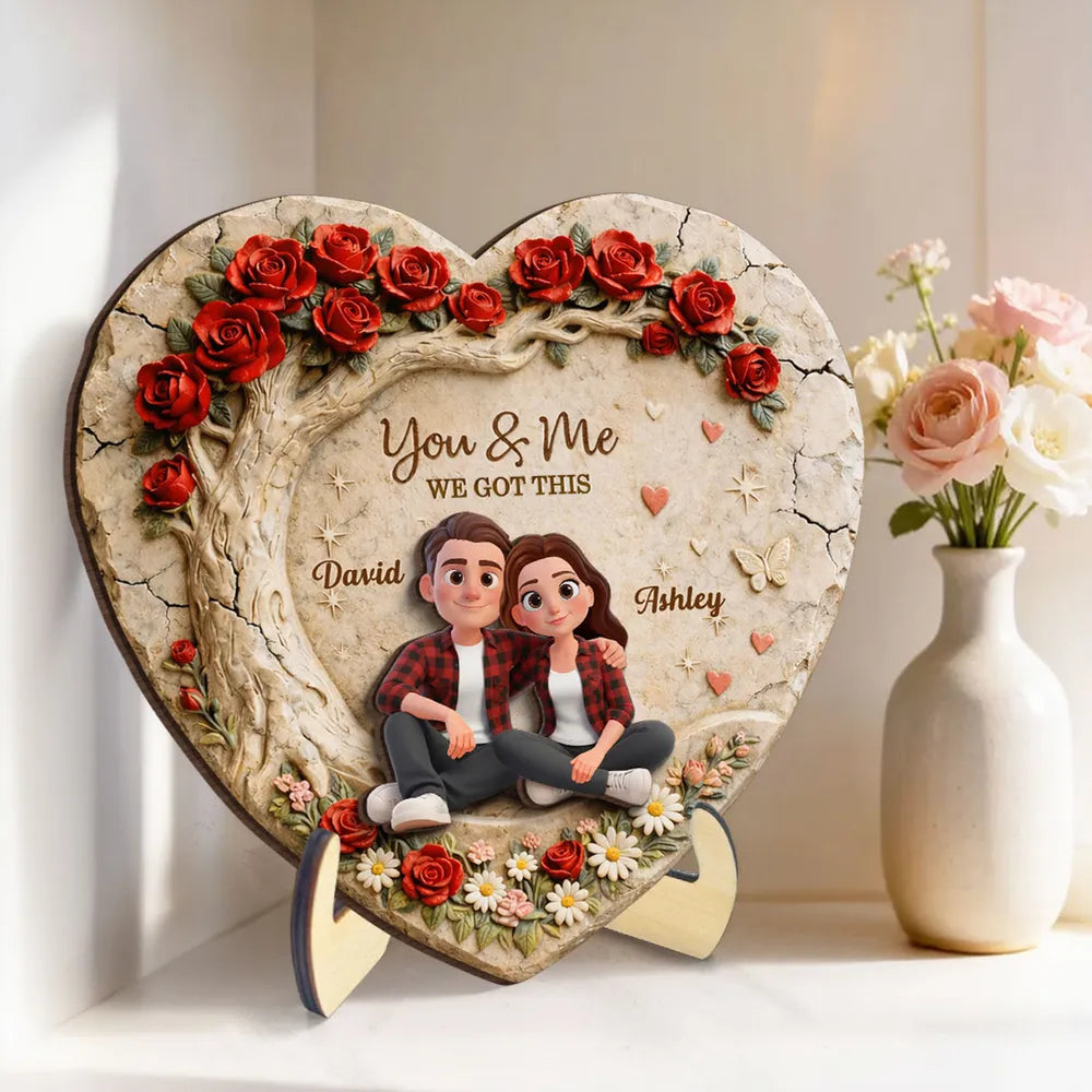Personalized 2-Layer Wooden Plaque Couple Sitting Together in a Heart Rose Design You & Me Unique Gift for Husband or Wife