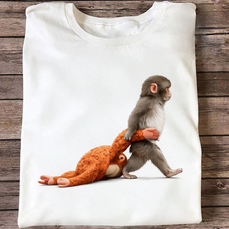 Personalized Classic Tee with Baby Monkey Punch Journey Graphic, Cute Animal Lover Gift for Everyday Smiles