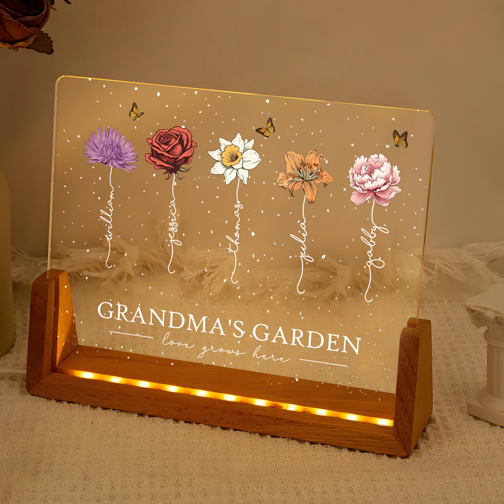 Custom LED Frame Poster - Birth Month Flower Art with Grandkids' Names