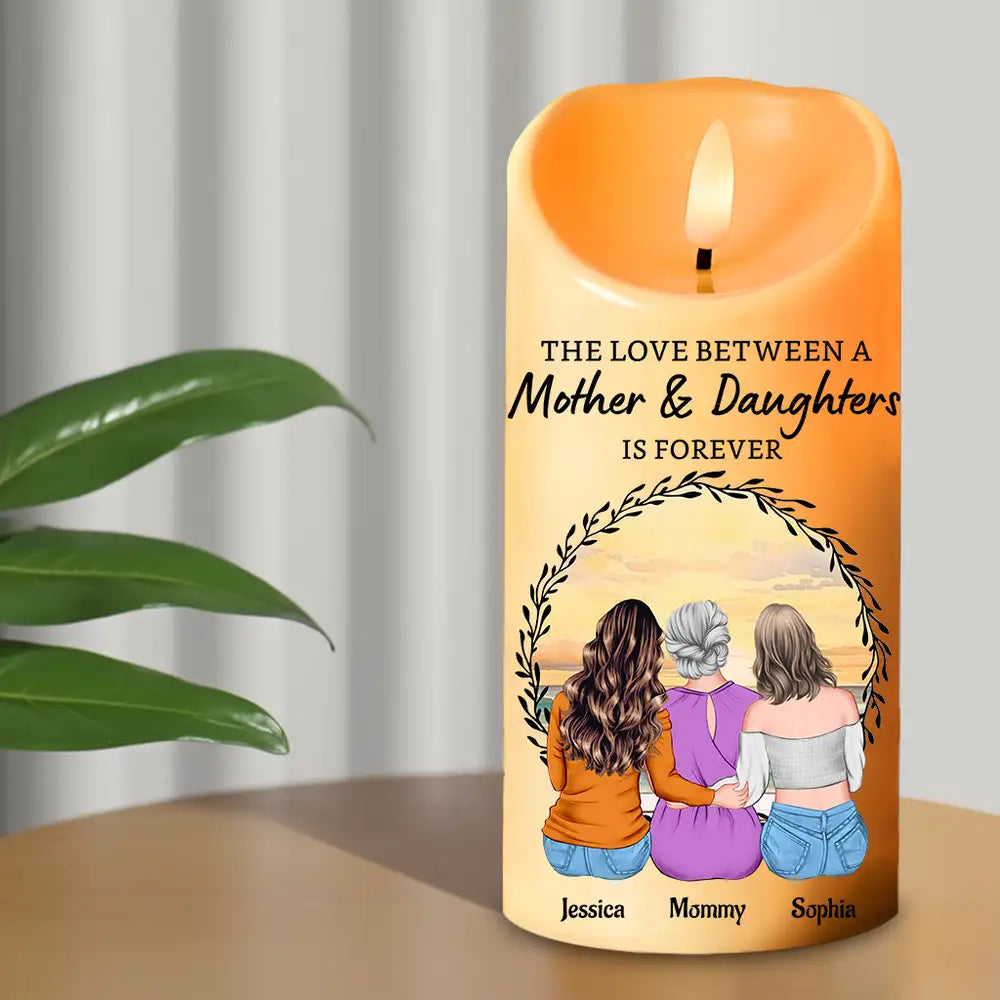 Love Is Forever - Custom Mother‑Daughters Glow Candle, Sunset Back‑View Illustration, Safe Wax‑Like Lamp Gift