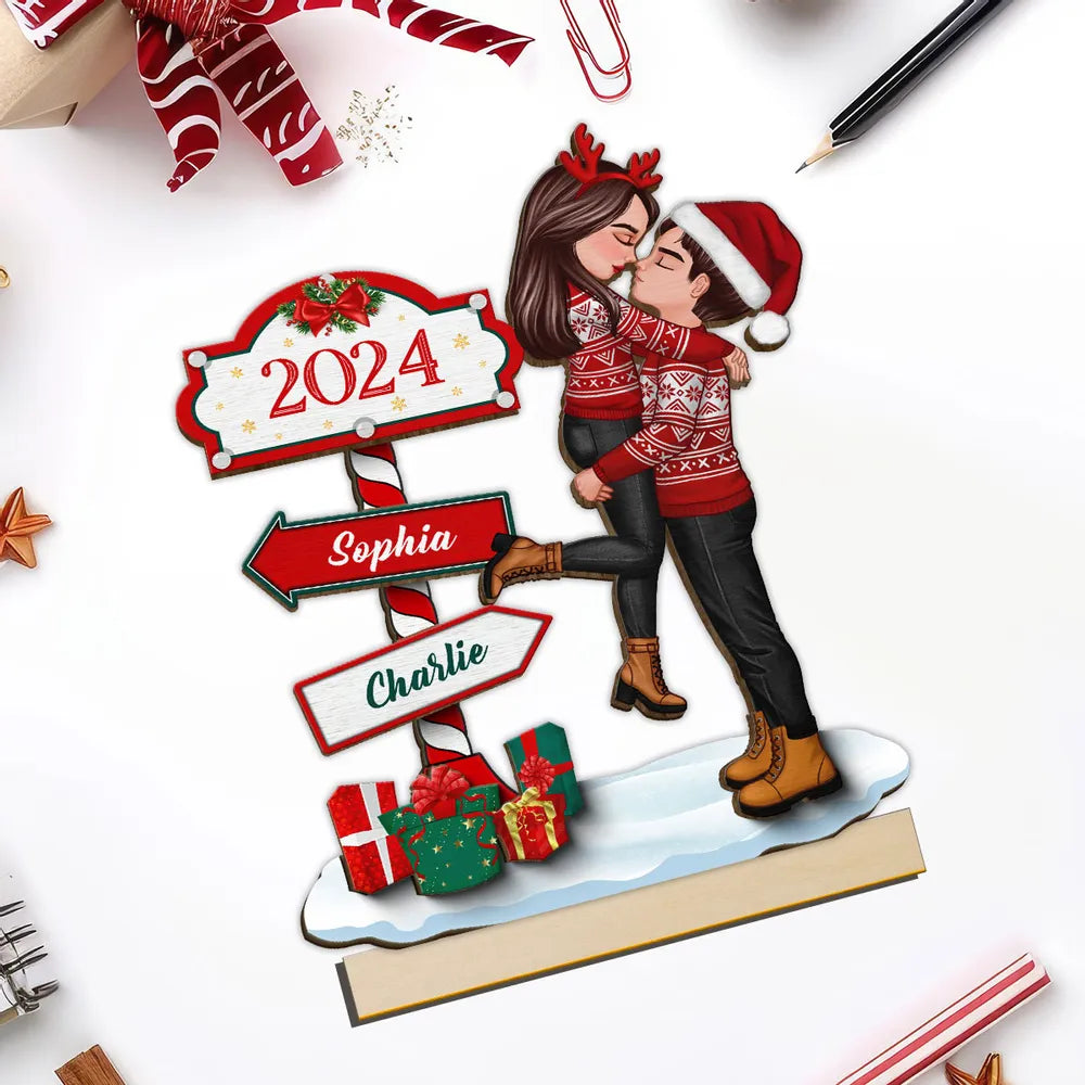 Couple Hugging Kissing North Pole Sign, Custom 2-Layer Wooden Plaque or Ornament or Poster or Keychain, Gift for Christmas Decor