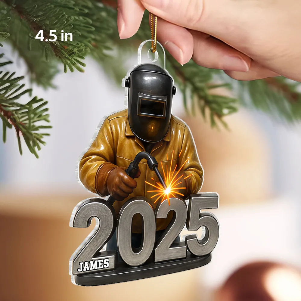 Welder Ornament with Helmet & Torch, Holiday Tree Decor with Bright Sparks, a unique gift for Metalworkers & Mechanics