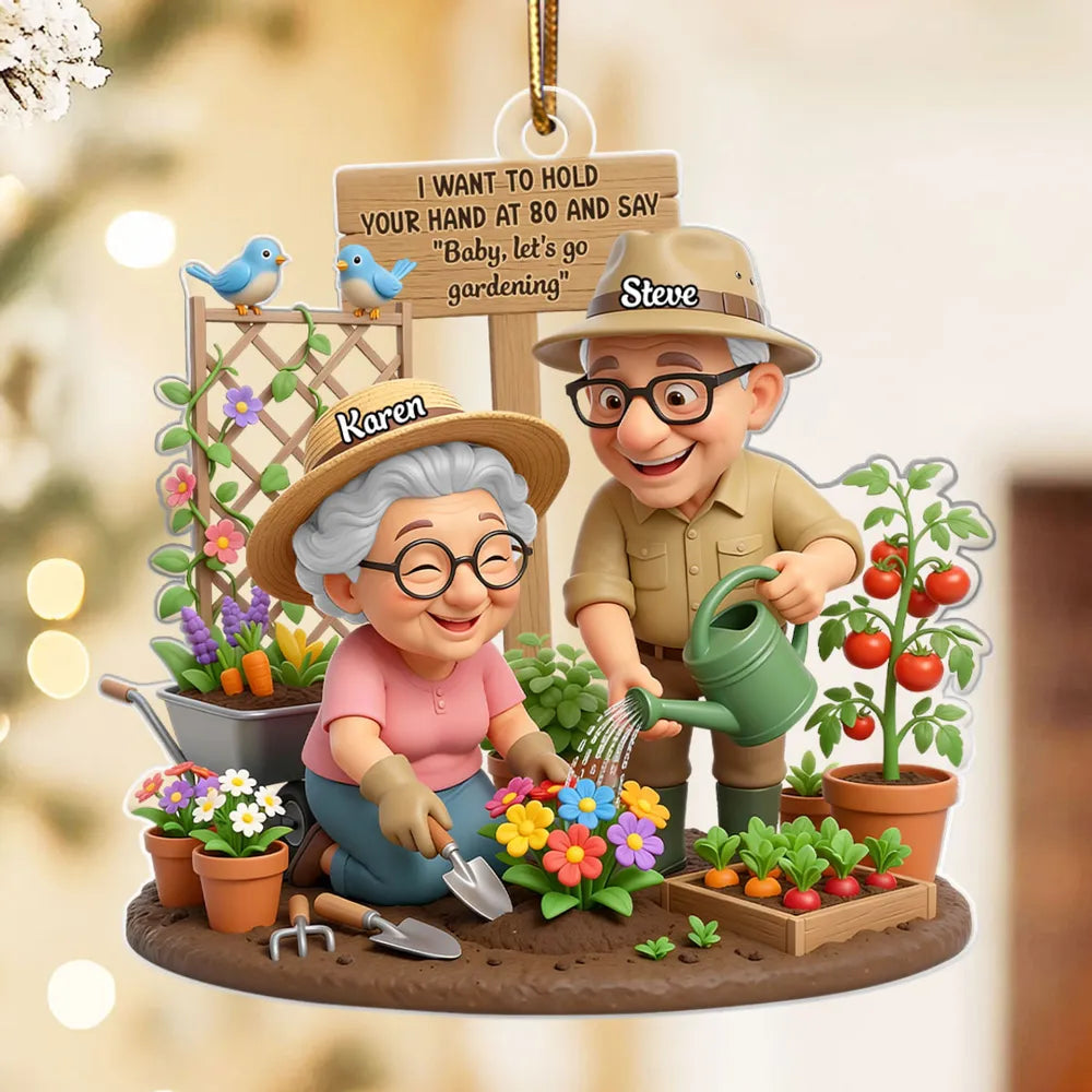 Acrylic Ornament 'Baby, let's go gardening' Sweet Old Couple Garden Scene Keepsake Unique Christmas Gift for Him & Her