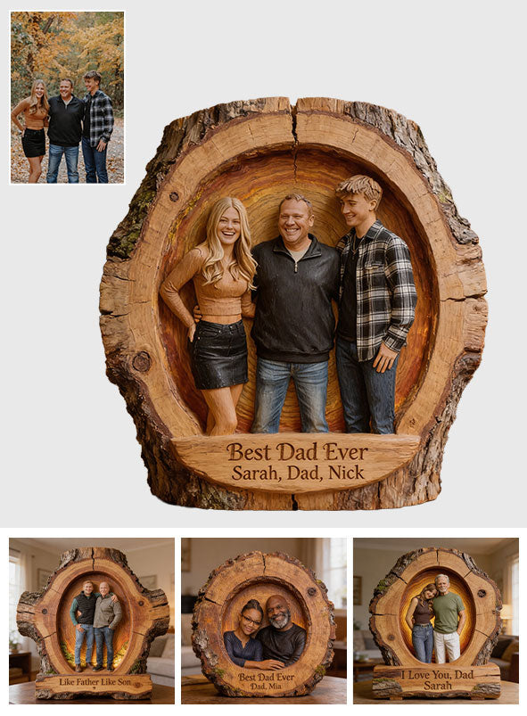 Custom Best Dad Ever Wood Log Figurine, Personalized Family Portrait Statue for Black Dad, Rustic Tabletop Decor Gift