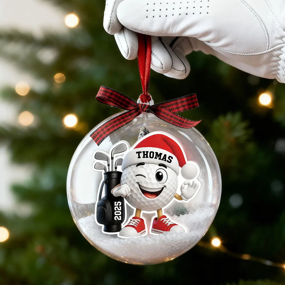 Snow Globe Ornament with Winking Santa Golf Ball, Christmas Tree Decor, playful keepsake, unique gift for golfers and Dad