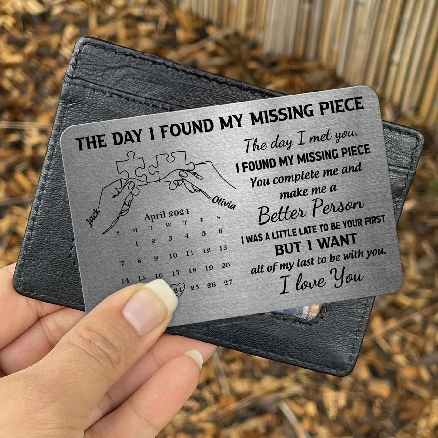 The Day I Found My Missing Piece Personalized Metal Wallet Card, Romantic Pocket Keepsake With Calendar, Unique Gift for Him