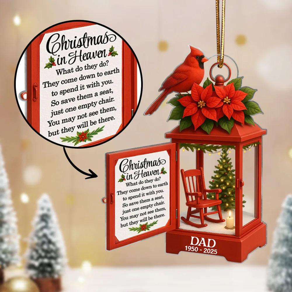 Acrylic Ornament Lantern Scene with Poinsettia and Candle – serene remembrance tree ornament, gift-ready memorial keepsake for Dad, Mom, and loved ones