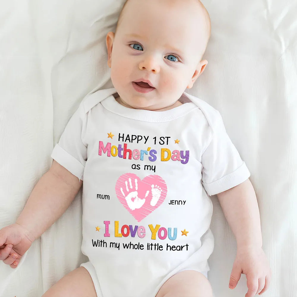 Short Sleeve Baby Onesie for Baby's First Mother's Day, Personalized Handprint Heart I Love You Design, Sweet Gift
