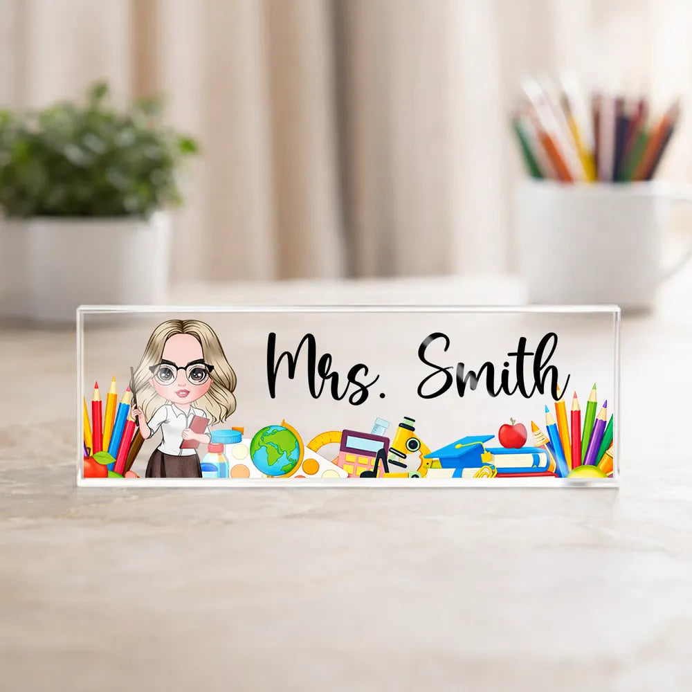 Rectangle Acrylic Block Plaque Personalized for a Teacher, Cute Classroom Desk Decor with Pencils and Books, Thoughtful Gift