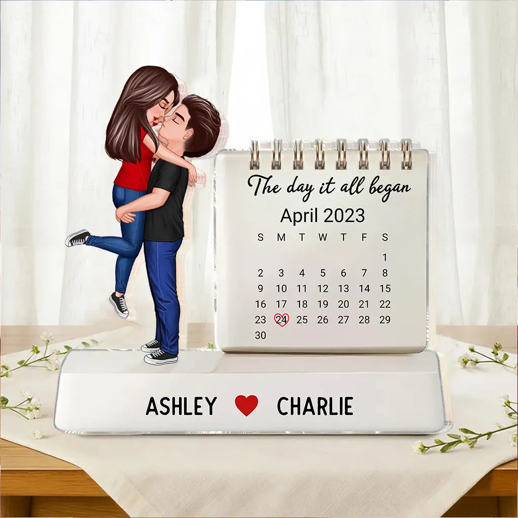 Personalized Shaped Acrylic Block Plaque Couple Hugging Kissing Calendar Keepsake, The Day It All Began, Unique Gift for Him or Her