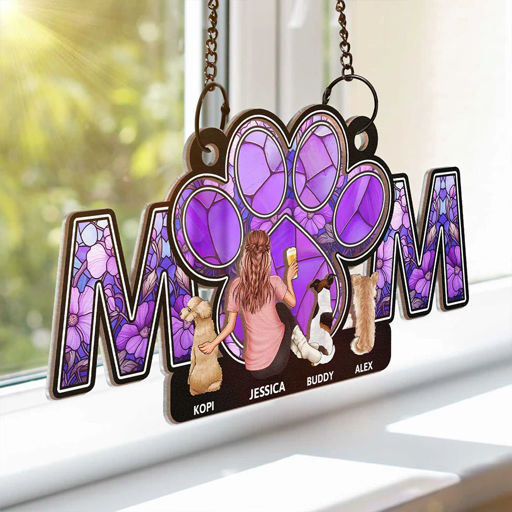 Personalized Wood and Acrylic Layered Ornament – MOM Design with Custom Names and Pet Details, Perfect Mother’s Day Gift for Pet-Loving Moms, A Unique and Sentimental Home Decor Keepsake
