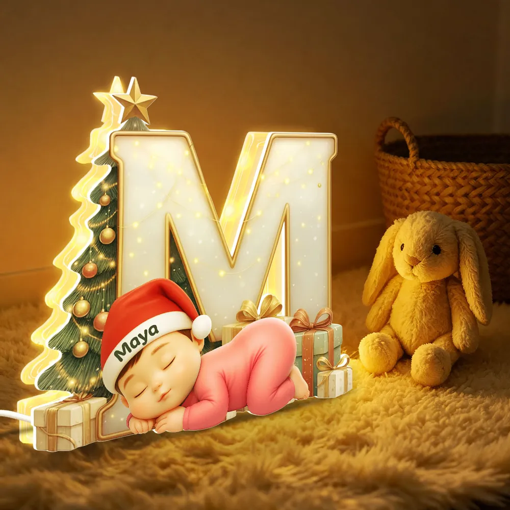 Acrylic Ornament with Sleeping Baby & Initial Letter, Christmas Tree Scene, heartwarming decor, a unique gift for New Parents