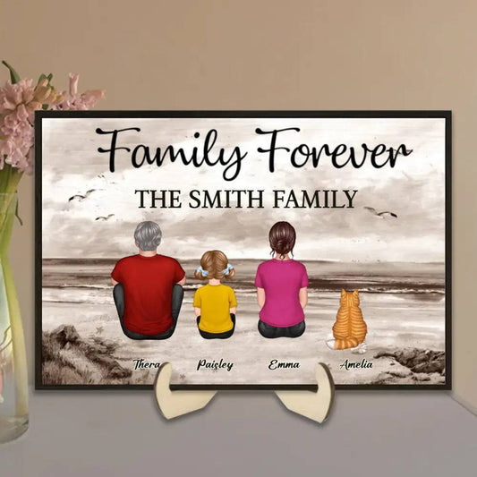 "Beach Landscape Family Sitting Back View Wooden Or Acrylic Or LED Night Light Plaque, Perfect Gift for Father's Day, for Dad or Grandpa"
