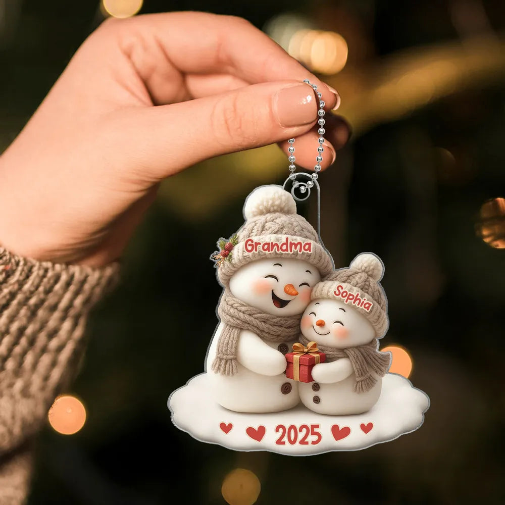 Personalized Acrylic Ornament for Grandma & Grandkid Snowman Hug Christmas Tree Decor Unique Family Gift