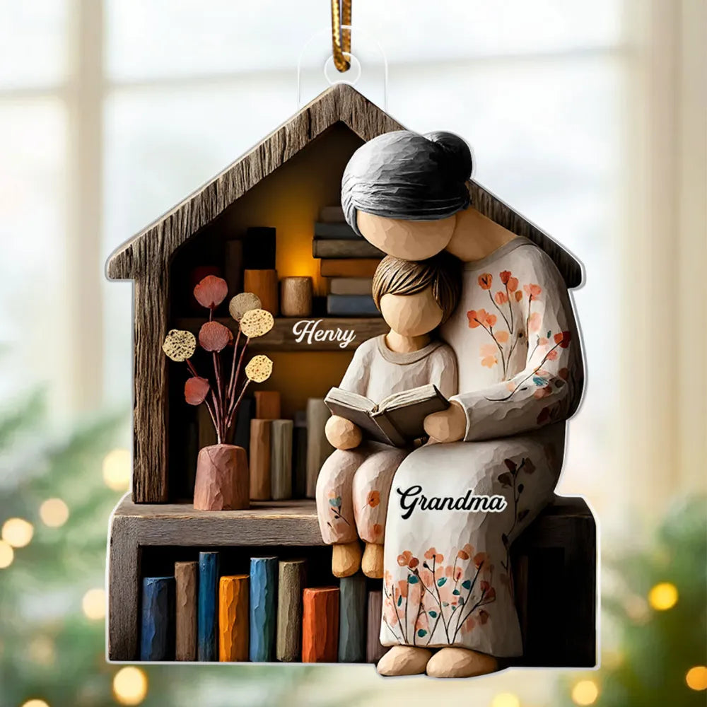 Acrylic Ornament Personalized for Grandma, Sweet Storytime Scene With Books and Warm Lights, Unique Holiday Keepsake Gift
