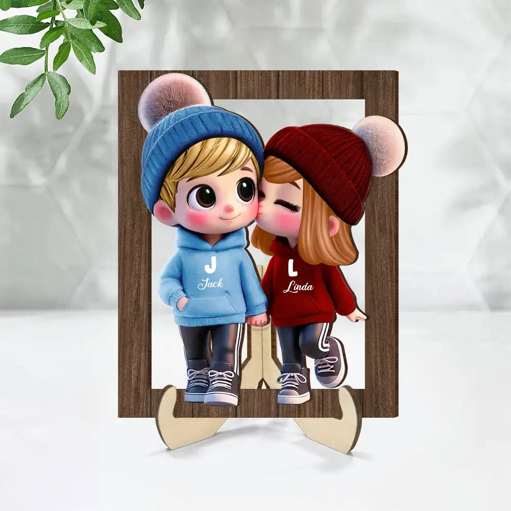 Personalized Couple 2-Layer Wooden Plaque – Custom Cartoon Couple Design with Names, Perfect Gift for Couples